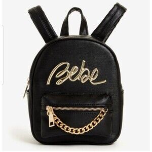 Bebe Giana Black Backpack with Gold Accent Chain and Logo Faux Leather